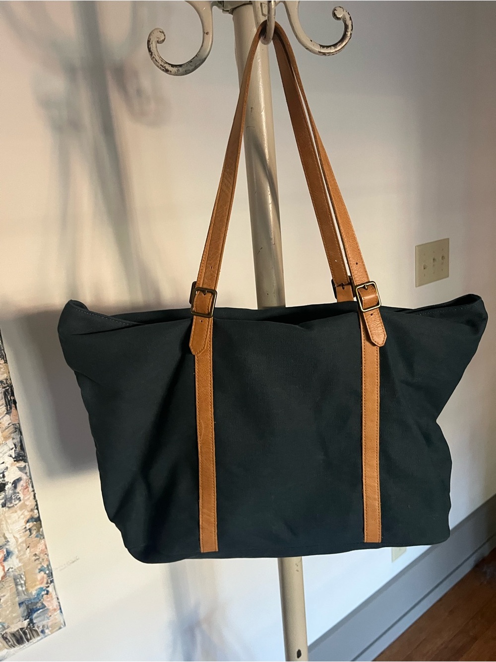 Hearth & Hand navy canvas tote with tan leather straps and buckle